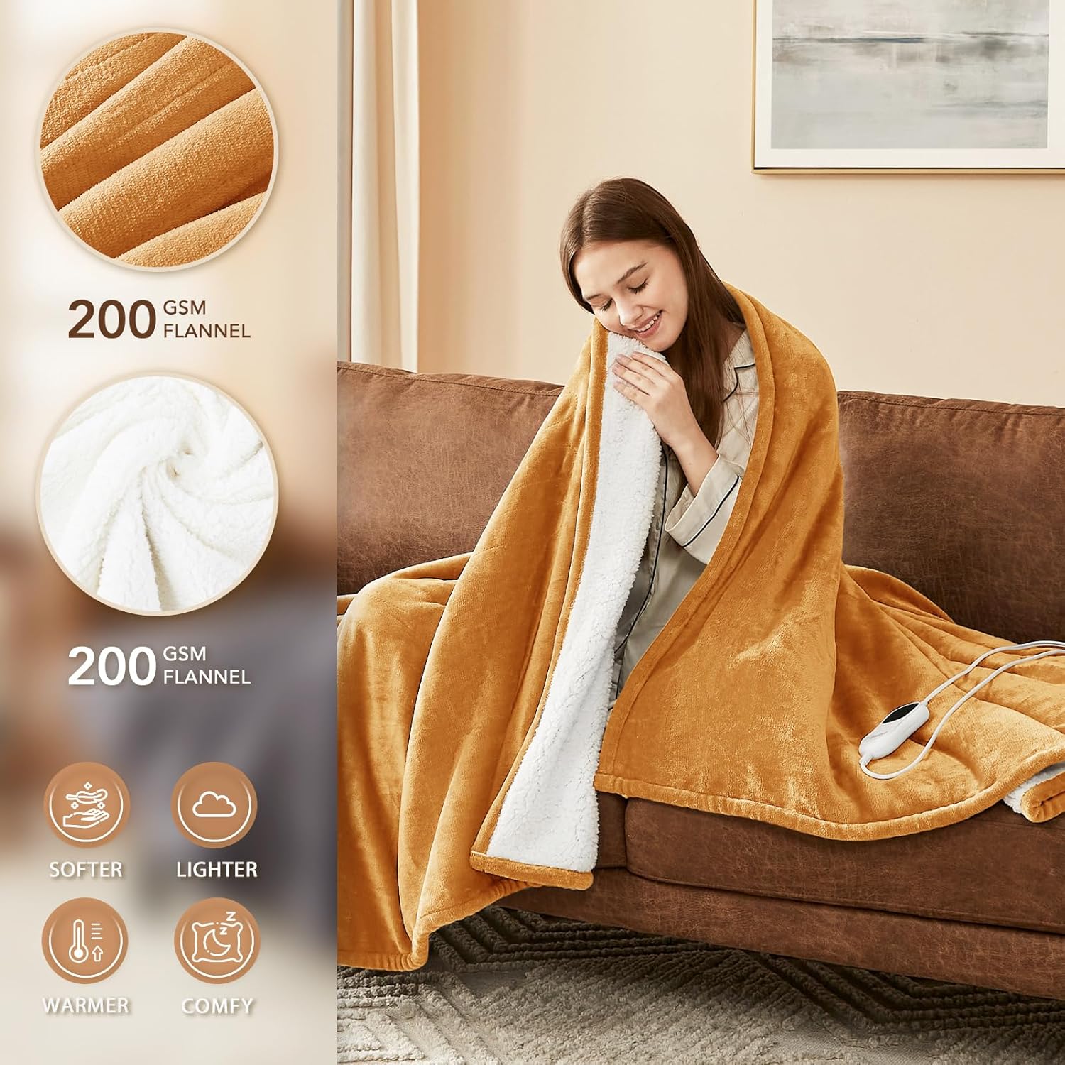 Homemate Electric Heated Blanket Full Size - 72"x84" Heating Blanket Full Size 1/2/4/6/8 Hours Auto-Off 10 Heat Level Over-Heat Protection Flannel Sherpa ETL Certification