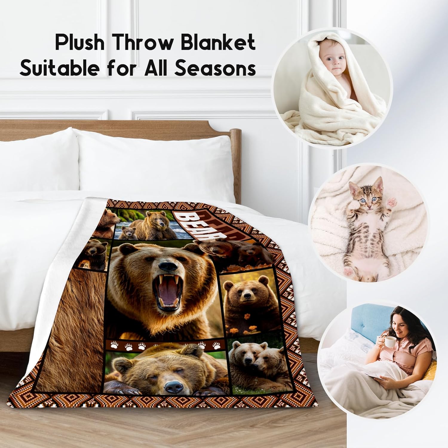 Blankets for Dad, Bear Blanket Gifts for Men Boys Adults, 60"x80" Forest Animal Throw Gift for Hunters - Soft, Fuzzy & Cozy Flannel Throws Wildlife Country Decor
