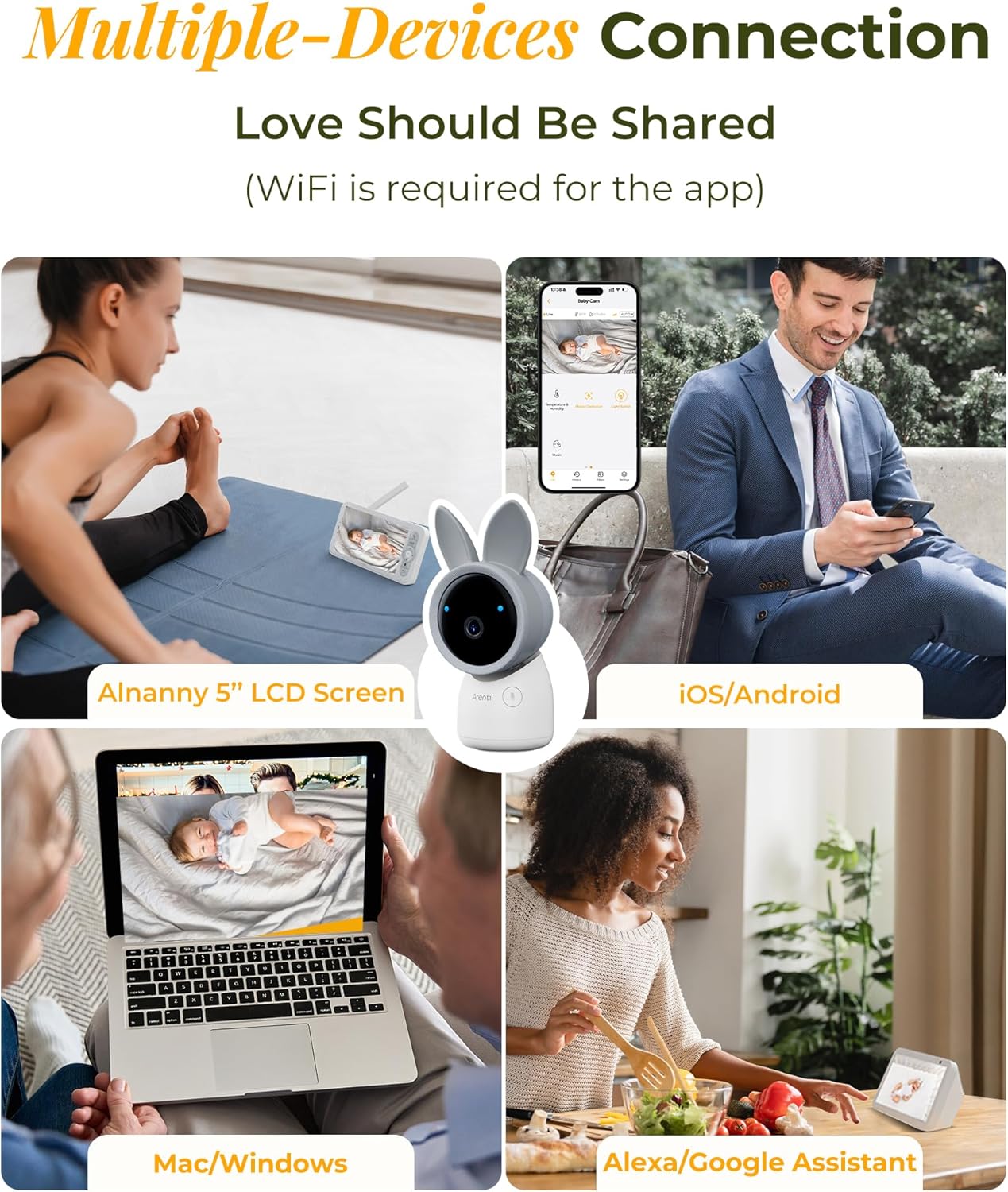 ARENTI Baby Monitor with 2 Cameras, Cry&Motion Detection, 2K Smart Baby Camera with 5'' Upgraded Wireless Display, 2 Way Audio, Super Night Vision, Lullabies, Breathing Light, Temp&Humidity Sensor