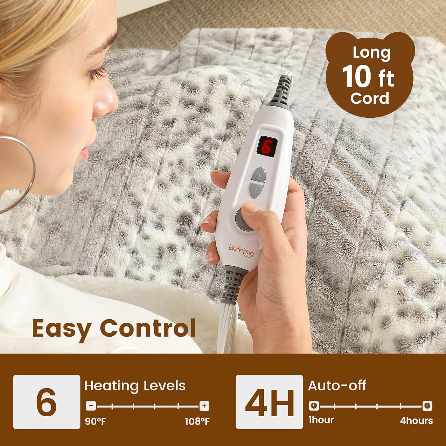 Bearhug Electric Heated Throw Blanket 50" x 60", Reversible Faux Fur & Sherpa, 6 Heating Levels & 4H Auto Off, Over-Heat Protect, ETL Certification, Machine Washable