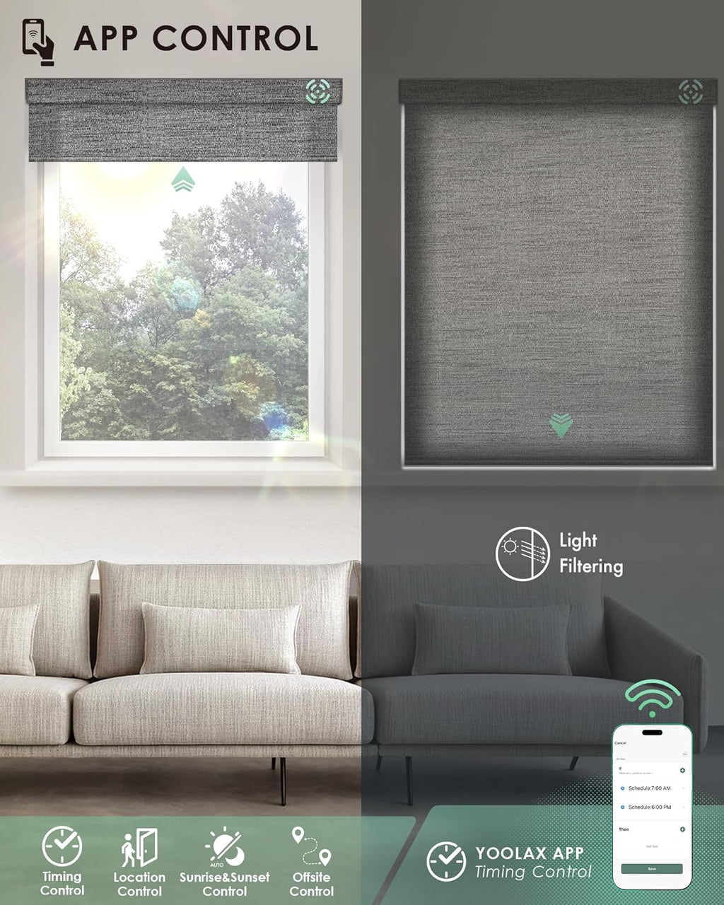 Yoolax Motorized Blinds with Remote, Light Filtering Smart Blinds Compatible with Alexa Google Home, Automatic Roller Shades for Indoor Windows Living Room, Custom Size (Starlight Medium Gray)