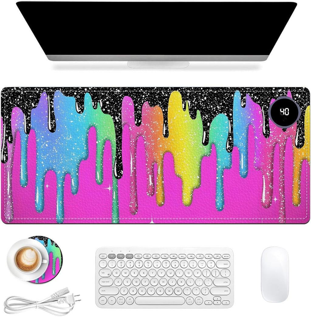 Heated Mouse Pad, Warm Desk Pad, Keyboard Mat 31.5 x 13 Inch Large Size Intelligent Fast Heating, 3 Speed Adjustable, Timed Auto Power Off for Game Office Home,Rainbow Ice Crea