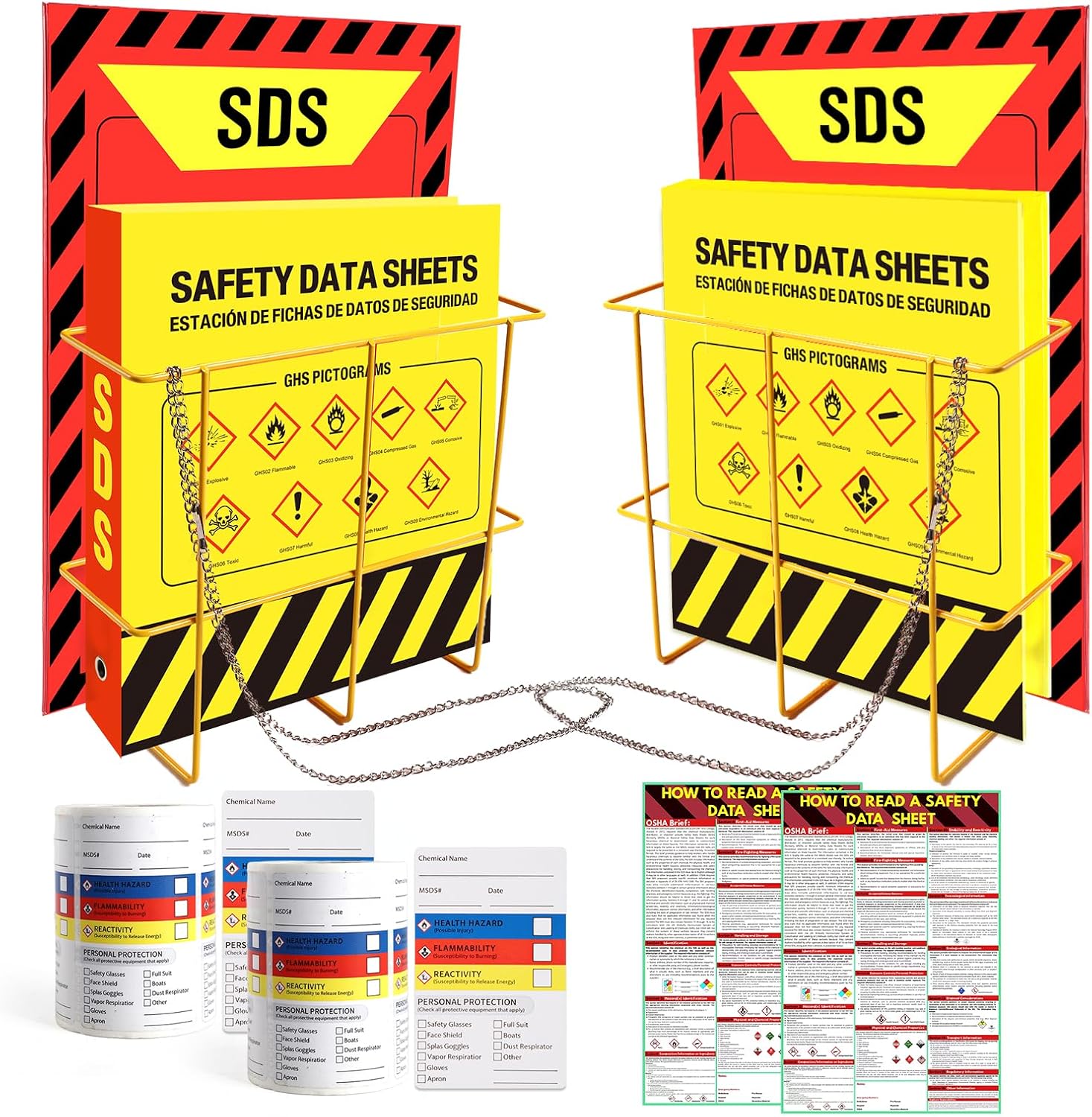 2 Pack MSDS SDS Binder and Wall Station,Yellow Heavy Duty 3 Inch Material Safety Data Sheet 3 Ring Binder with SDS Wire Rack and Display Sign,Chain,Safety Posters,MSDS Labels,Binder Wall Mount