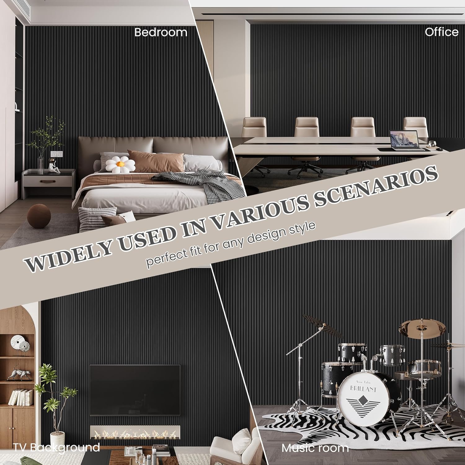 Wood Salt Acoustic Wall Panels, 4 Piece 94" x 12.6" x 0.8" Soundproof Wooden Wall Panels, 3D Fluted Sound Absorbing Panel, Dark Gray