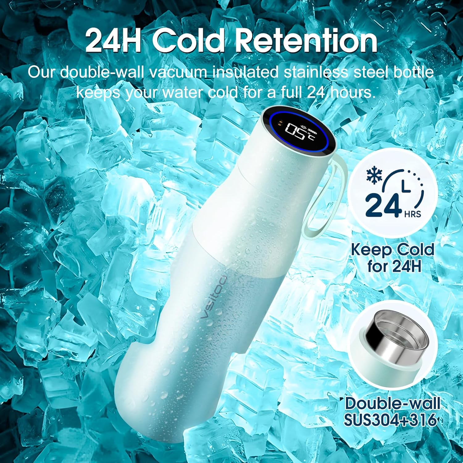 VSITOO 15oz Smart Self Cleaning Water Bottle，Insulated Water Bottle with Stainless Steel, BPA-Free, AI Self-Clean, 30-Day Battery, Magnetic Charging for Travel, Gym or Office, Blue