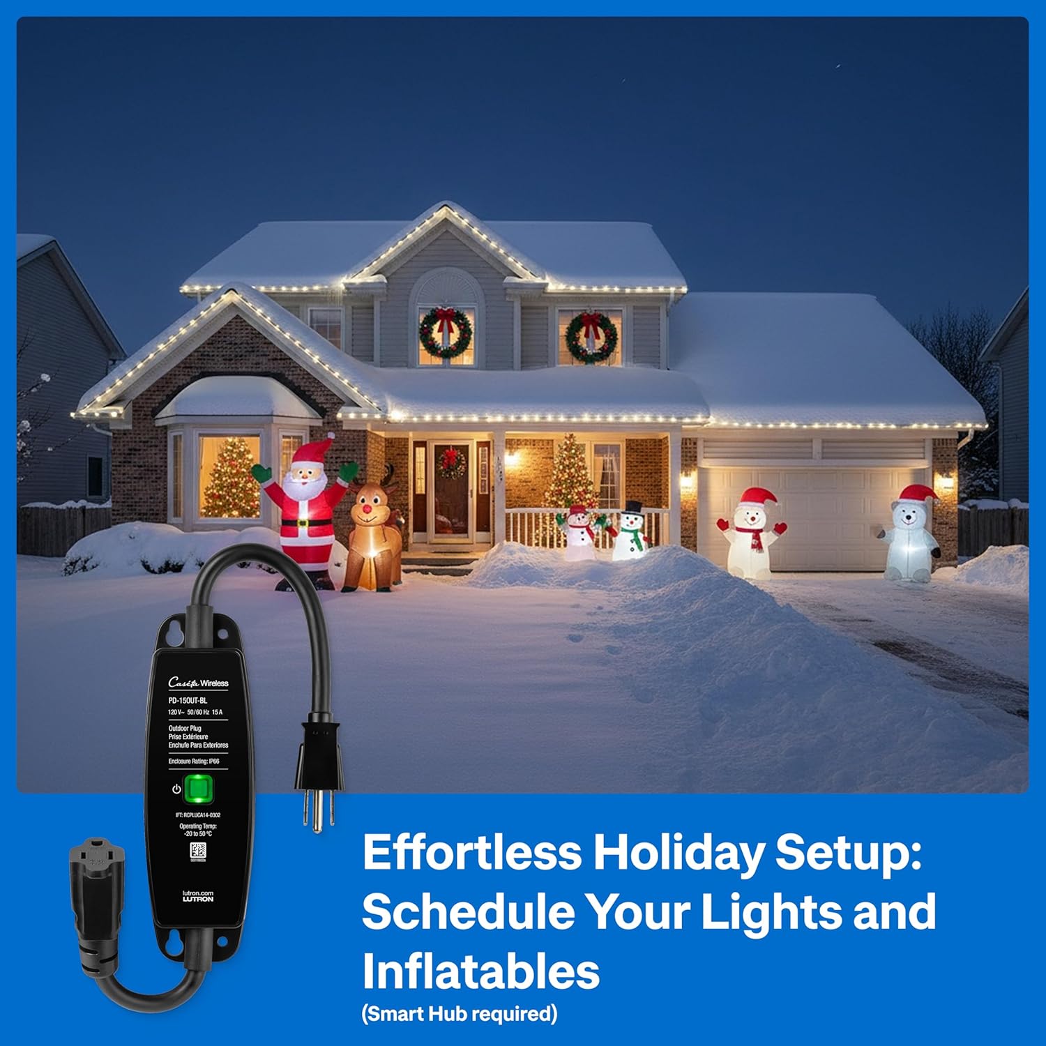 Lutron Smart Outdoor Plug for Caseta Smart Lighting, for Summer, Patio, Backyard, and Outdoor Lights, & Motors, 15A LED Fixtures & 1/2 HP Motors, PD-15OUT-BL, Black