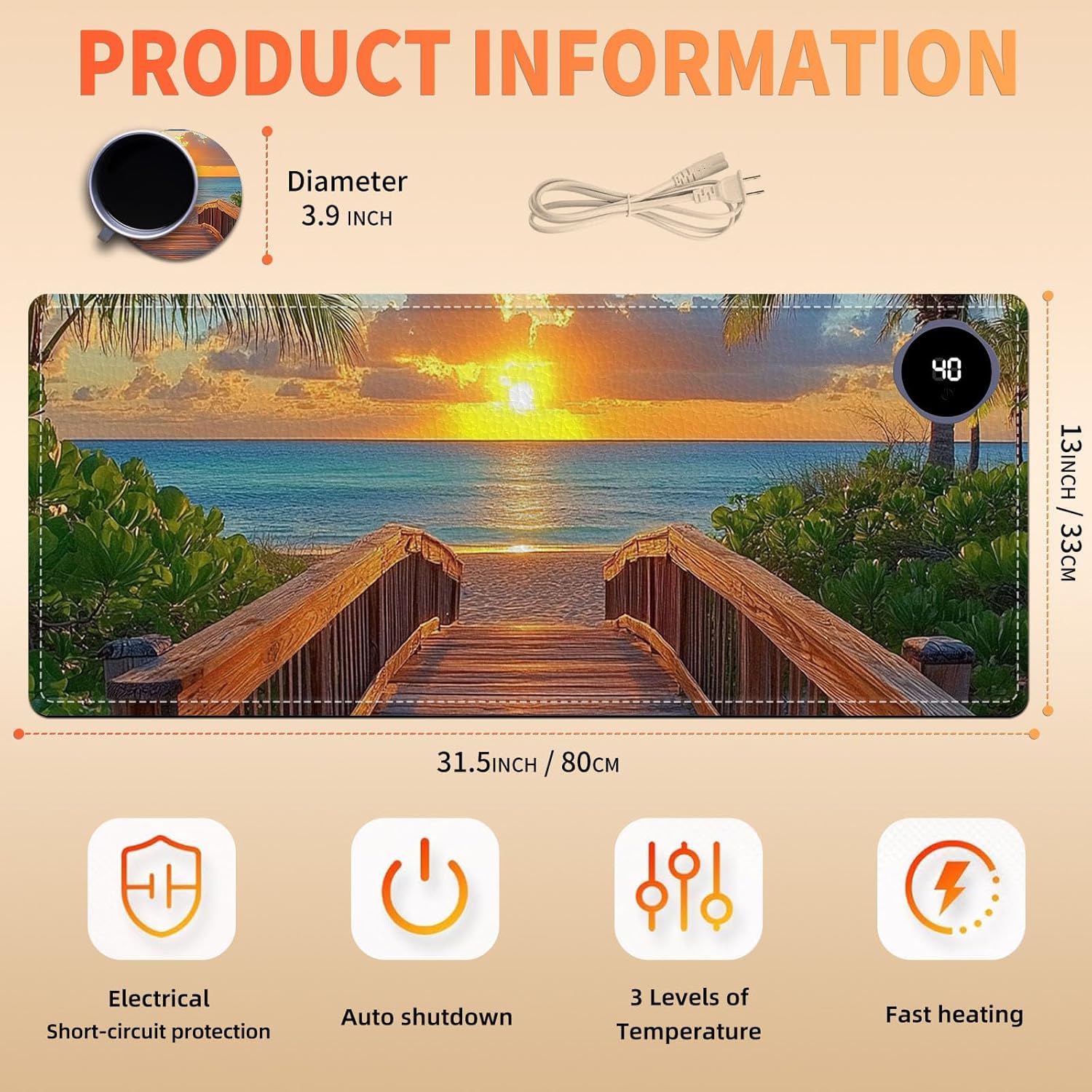 Heated Mouse Pad 31.5x13 in 3-Temp Fast Heating Desk Mat with Auto Timer Warmer for Hands Wrist Pain Relief Waterproof Keyboard Mat for Office, Gaming, Home, Sunset Beach Pathway
