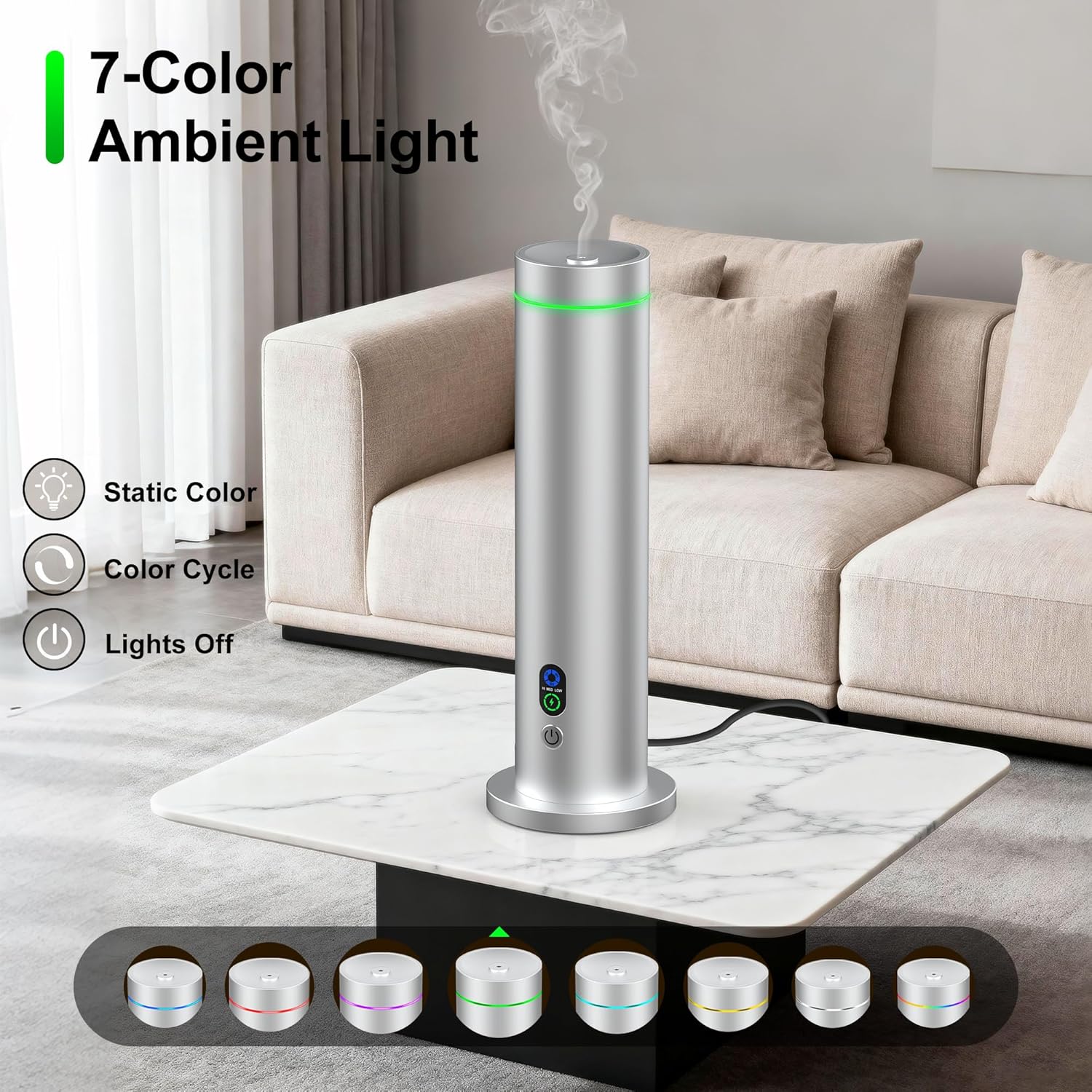 Maromalife Waterless Diffuser, 1000 Sq.Ft Coverage, Essential Oil Diffuser with Tilt-Safe, Remote Control, Adjustable Mist, Mood Lights Aromatherapy Diffuser for Home, Room, Office, Hotel, Silver