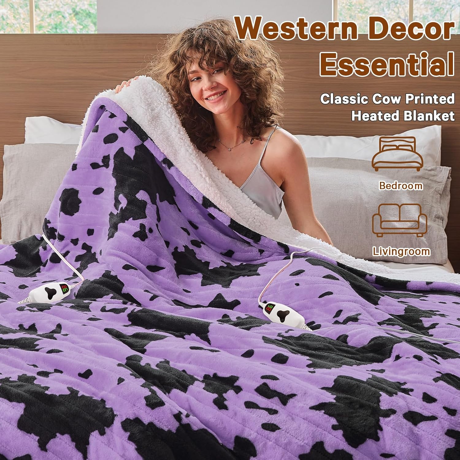 Cow Print Heated Electric Blanket Full Size,72X84 Purple Heating Blanket with 10 Heats Levels & 8 Hours Auto Off,Highland Cow Decor Fleece Sherpa Blankets Warmer Gifts for Women Adults,Washable