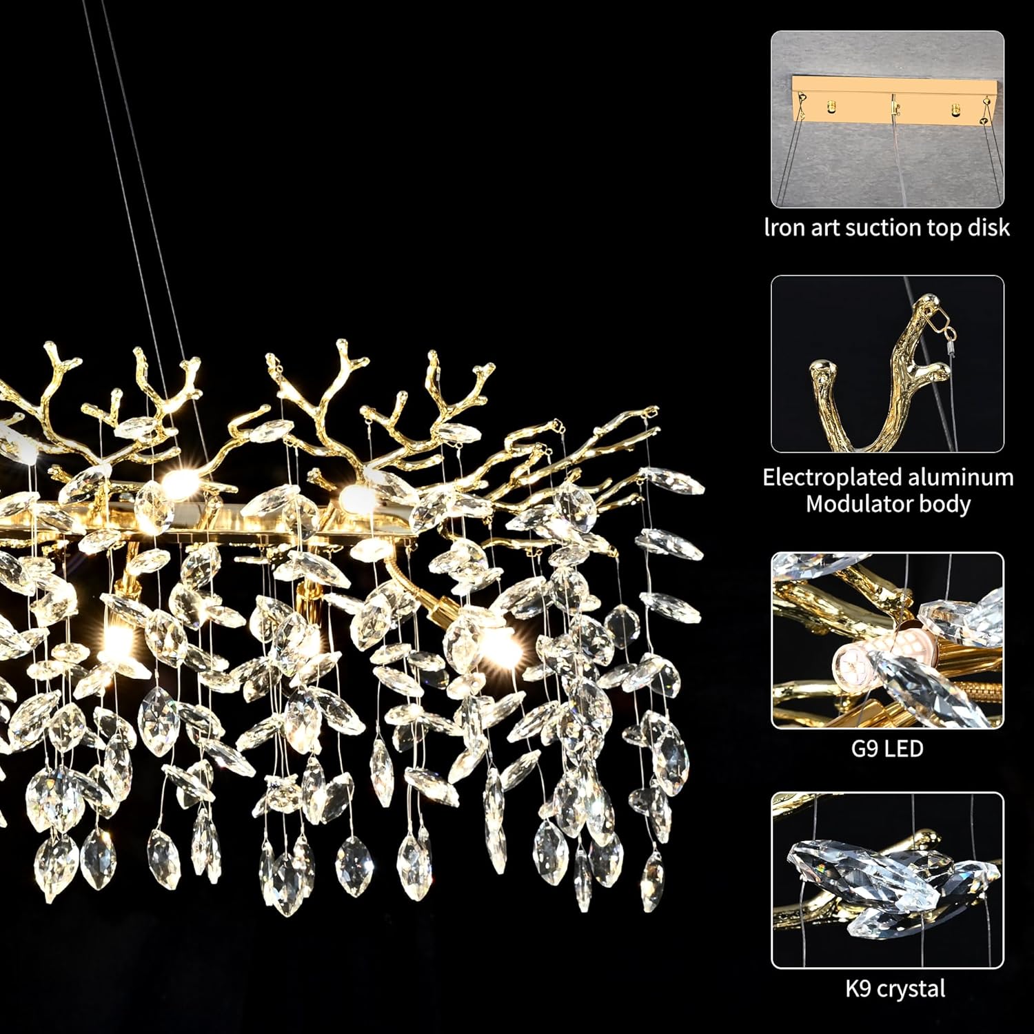 Gold Crystal Chandelier Modern High Ceiling Tree Branch Chandeliers Lighting Luxury Foyer Entryway Staircase Living Room Large Raindrop Large Hanging Pendant Light Fixture