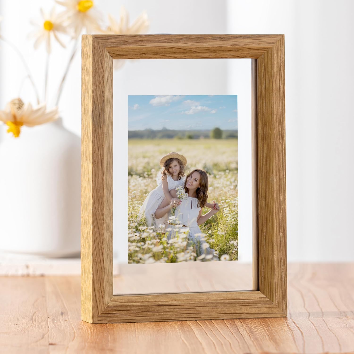 Axeman 4x6 Floating Picture Frame - Solid Oak Wood Picture Frame, Double Tempered Glass Photo Frame 2x3 3.5x5 4''x6'' Wood Frame, Wall Mount Or Tabletop Standing, Natural