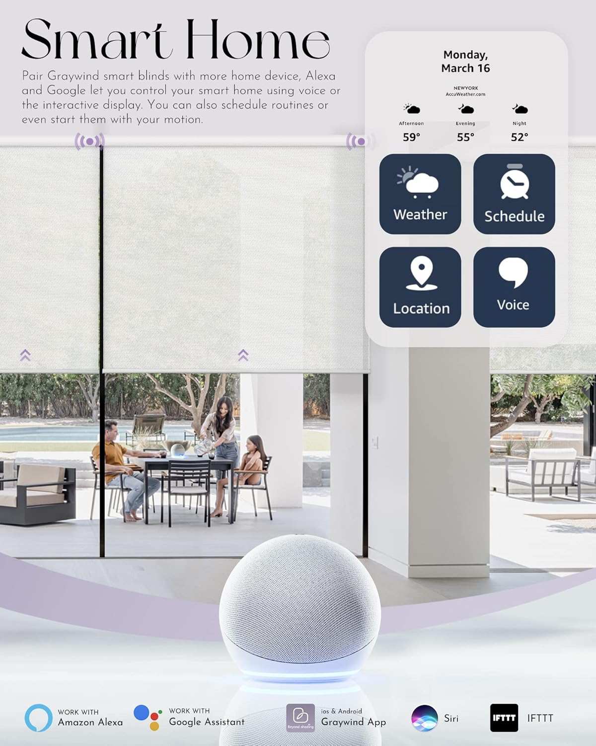 Graywind Motorized Solar Shades Compatible with Alexa Google Hardwired WiFi Smart Light Filtering Blind Remote Control Automated Blinds Electric Window Shade, Custom Size (5% Openness Grey)