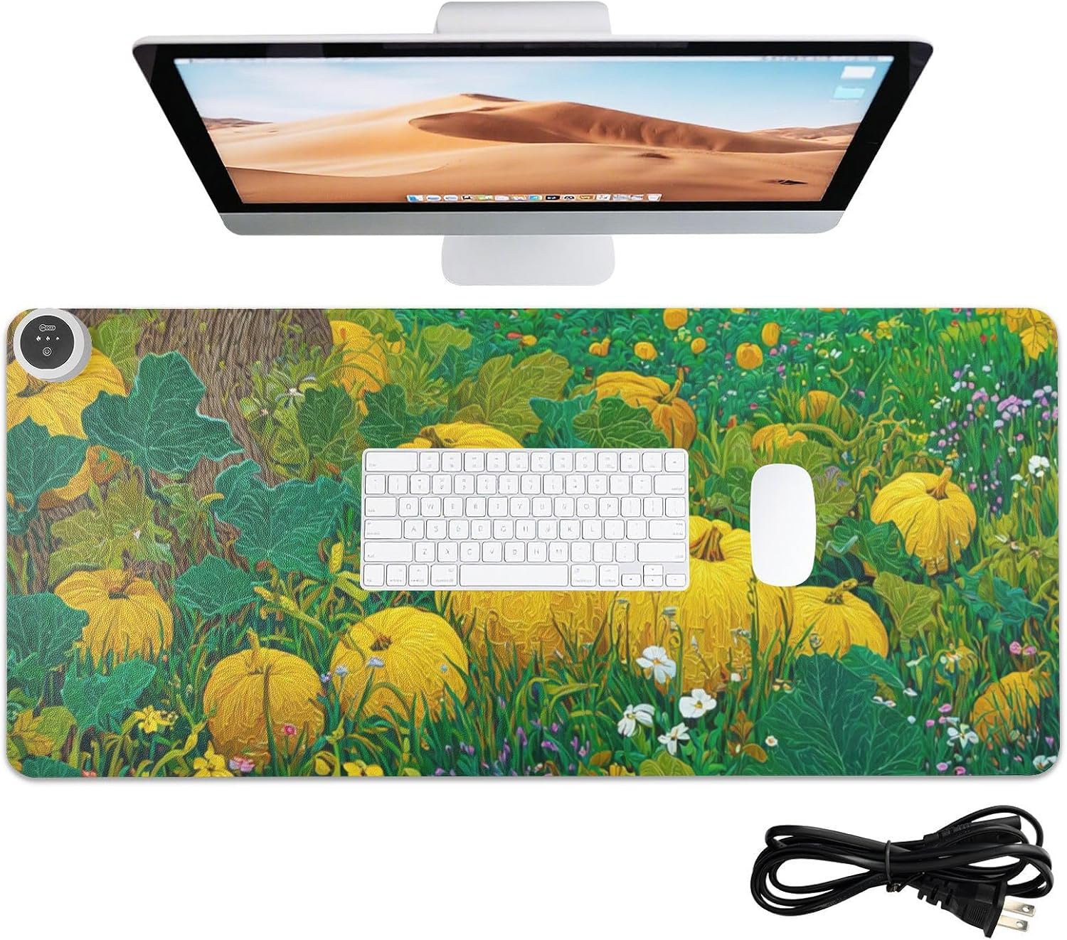 Heated Desk Pad Mouse Pad 31.5x13 Inch PU Leather Desk Mat with 3 Heat Levels Large Mouse Gaming Computer Laptop Mat Yellow Pumpkin Flower Tree