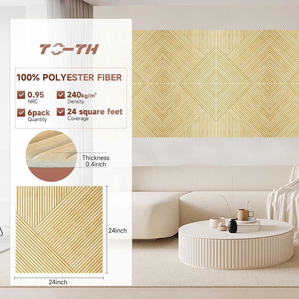 TO-TH Acoustic Wall Panels,6 Pack Total Size 72 x 48 Inches,Self-Adhesive Decorative Acoustic Panels for Wall and Ceiling,3D UV Printing with Wood Look,Natural Oak