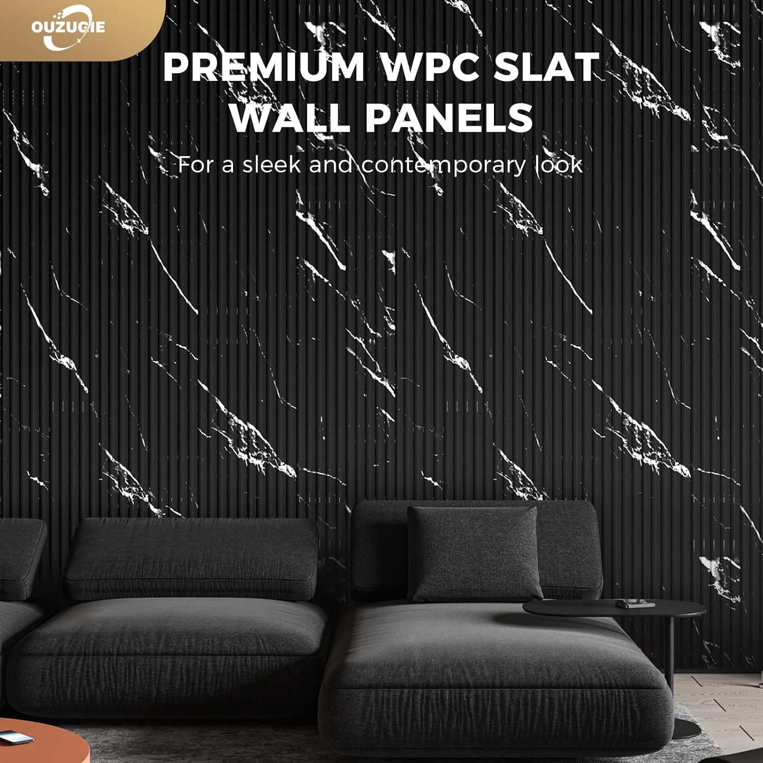OUZUGIE WPC Acoustic Slat Wall Paneling, 8-Pack 114 x 6 Inches 3D Wall Panels for Interior Wall Decor,Living Room,TV Background,Study Room,Office Spaces,Bedroom,Low Grille (Black Marble-1)