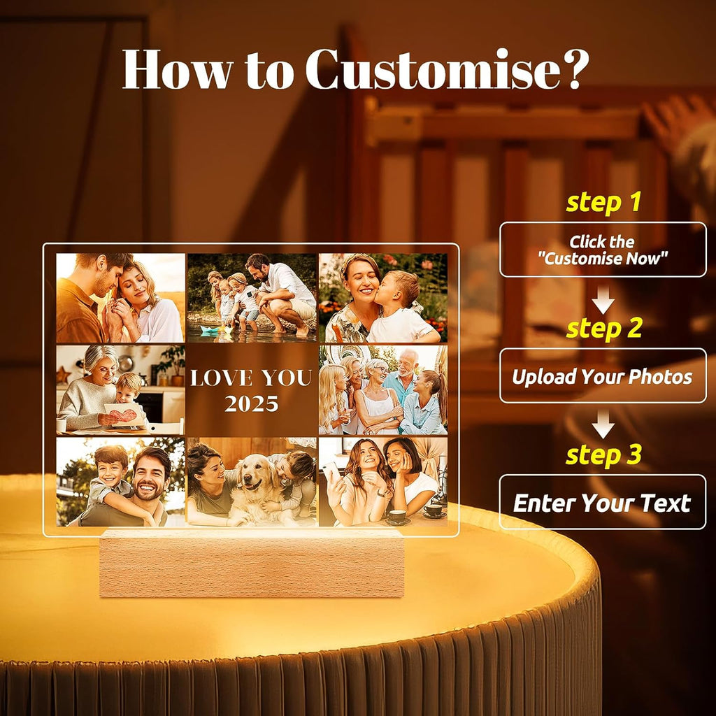 Custom Picture Frames with Photo, Customized Photo Frame with Night Light, Personalized Picture Frame, Personalized Christmas Birthday Gifts for Women Men Her Him Mom Dad Kids Baby Family Friends