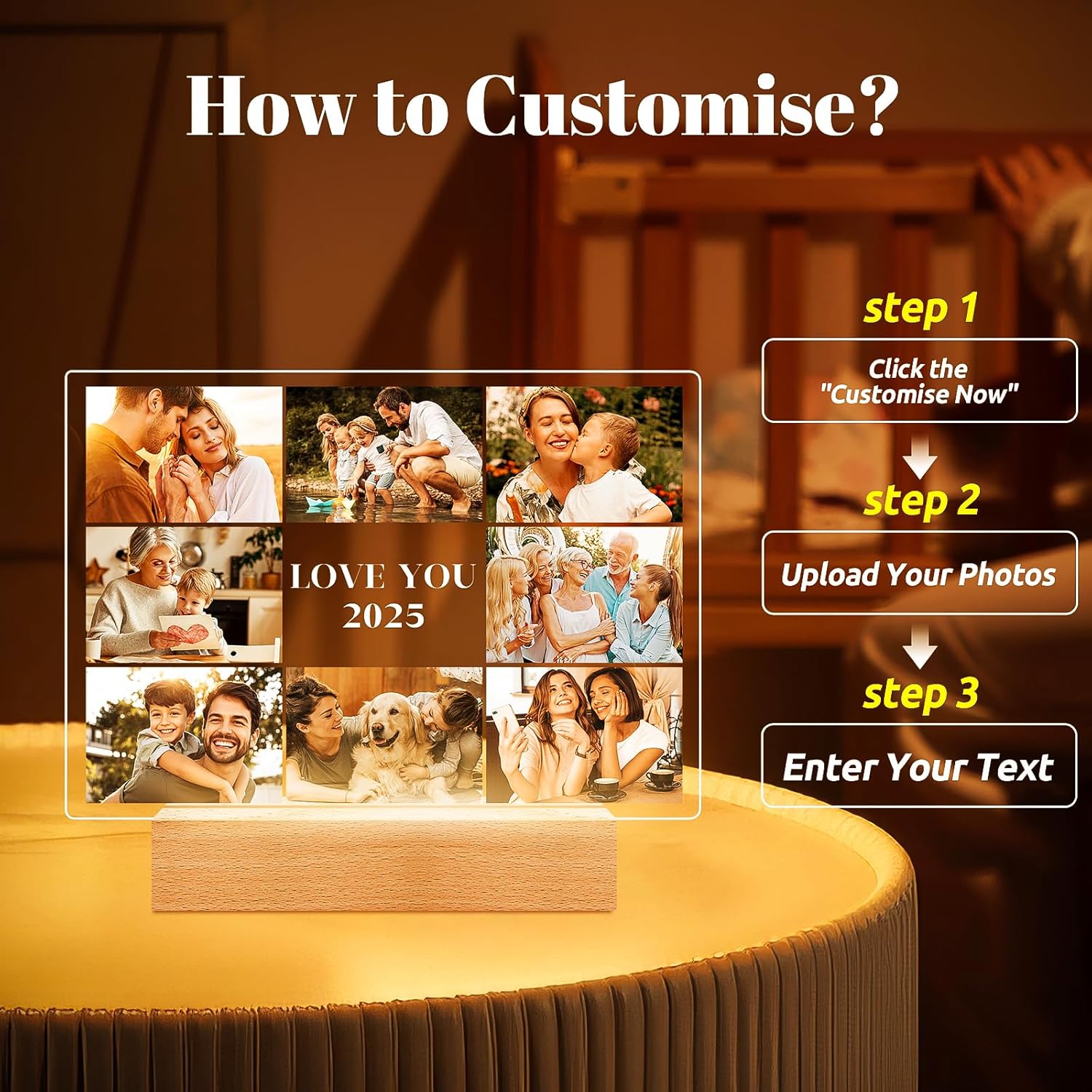 Custom Picture Frames with Photo, Customized Photo Frame with Night Light, Personalized Picture Frame, Personalized Christmas Birthday Gifts for Women Men Her Him Mom Dad Kids Baby Family Friends