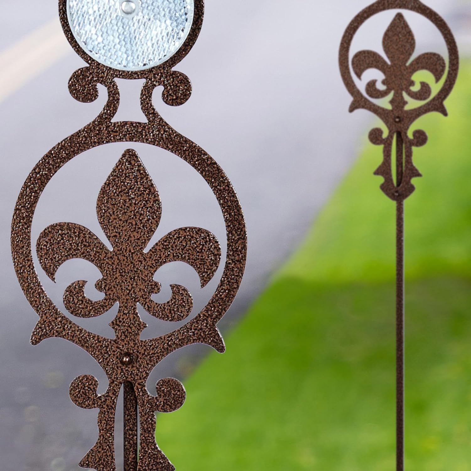 Touch of Class Pathways Reflective Driveway Marker Stake Set of Two for Outdoor Use | Fleur-de-Lis Emblem Design | Personalized Tall Reflector Set of 2 | Weathered Bronze Durable Finish