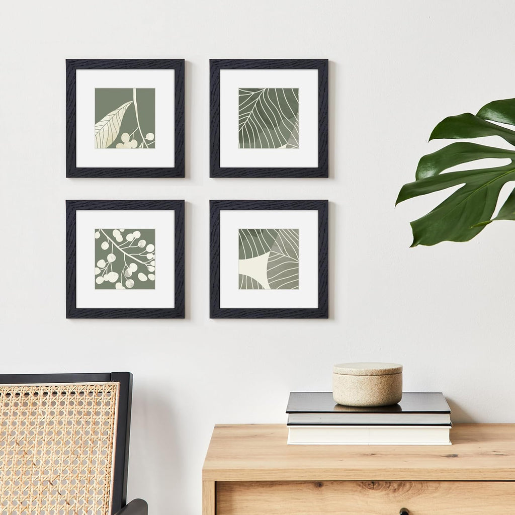 6x6 Picture Frames, Solid White Oak Wood Frame 6 x 6 with Stand for Wall & Tabletop Display, Rustic Wooden Photo Frame 6 by 6 with Real Glass, 6x6 Frame Matted to 4x4, Black Color, Set of 4