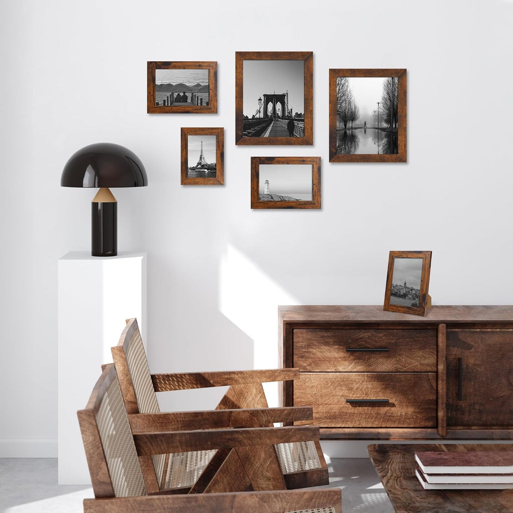 iRahmen 4x6 Picture Frame Set of 4, High Definition Glass 4 x 6 Frame, Wood Rustic Photo Frames for Horizontal or Vertical Display Tabletop and Wall Mounting