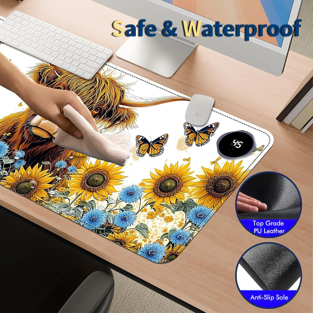 Heated Mouse Pad with 3 Temperature Settings(104°F–122°F),Large 31.5x13 Inch PU Leather Heated Desk Mat,Waterproof Warming Pad for Office,Gaming & Cold Hands Relief,Sunflower Cow