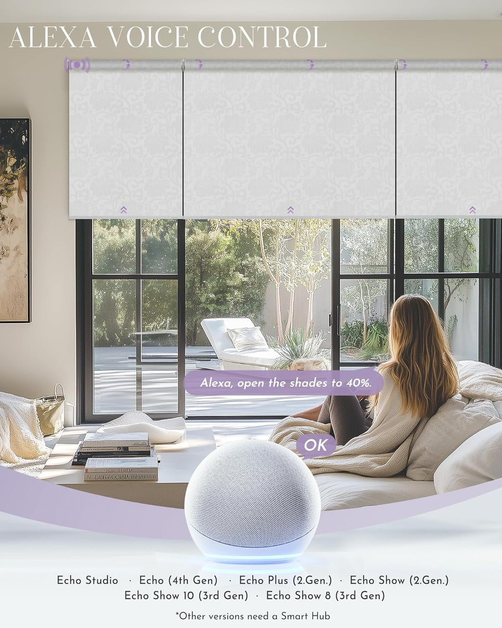Graywind Smart Coupled Roller Shades Compatible with Alexa Google Custom Size Extra Large Motorized Blinds for Windows(Floral Jacquard White)