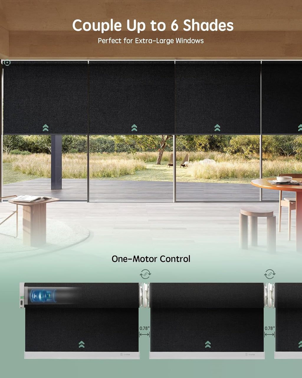 Yoolax Smart Coupled Roller Shades Compatible with Alexa Google, Motorized Blinds with Remote Blackout Coupled Roller Shades for X-Large Windows, Custom Size (XL Coupled-Black)