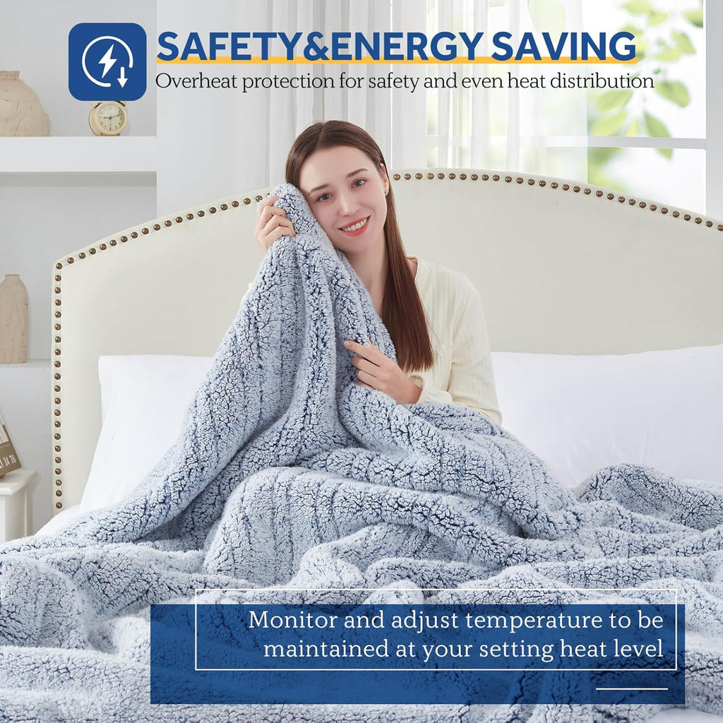 SEALY Electric Blanket Full Size, Soft Sherpa Heated Blanket Single Control with 10 Heating Levels & 1 to 12 Hours Auto-Off Settings Over-Heated Protection 80"x84" Machine Washable, Blue