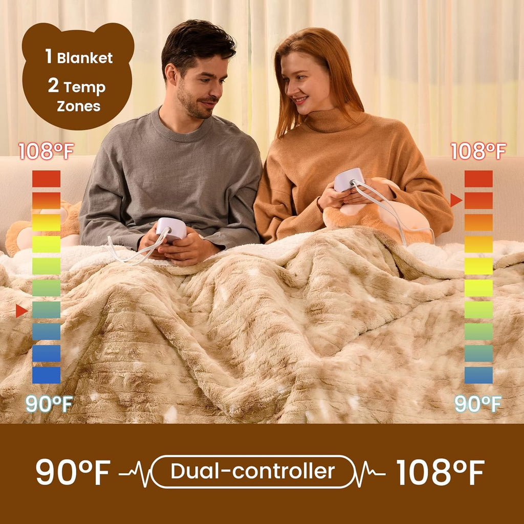 Bearhug Electric Blanket King Size 100" x 90", Dual Controller Heated Blanket, Faux Fur/Sherpa 10-Heating Level & 1-12H Auto Off, Champagne, Over-Heat Protect, ETL, Machine Washable