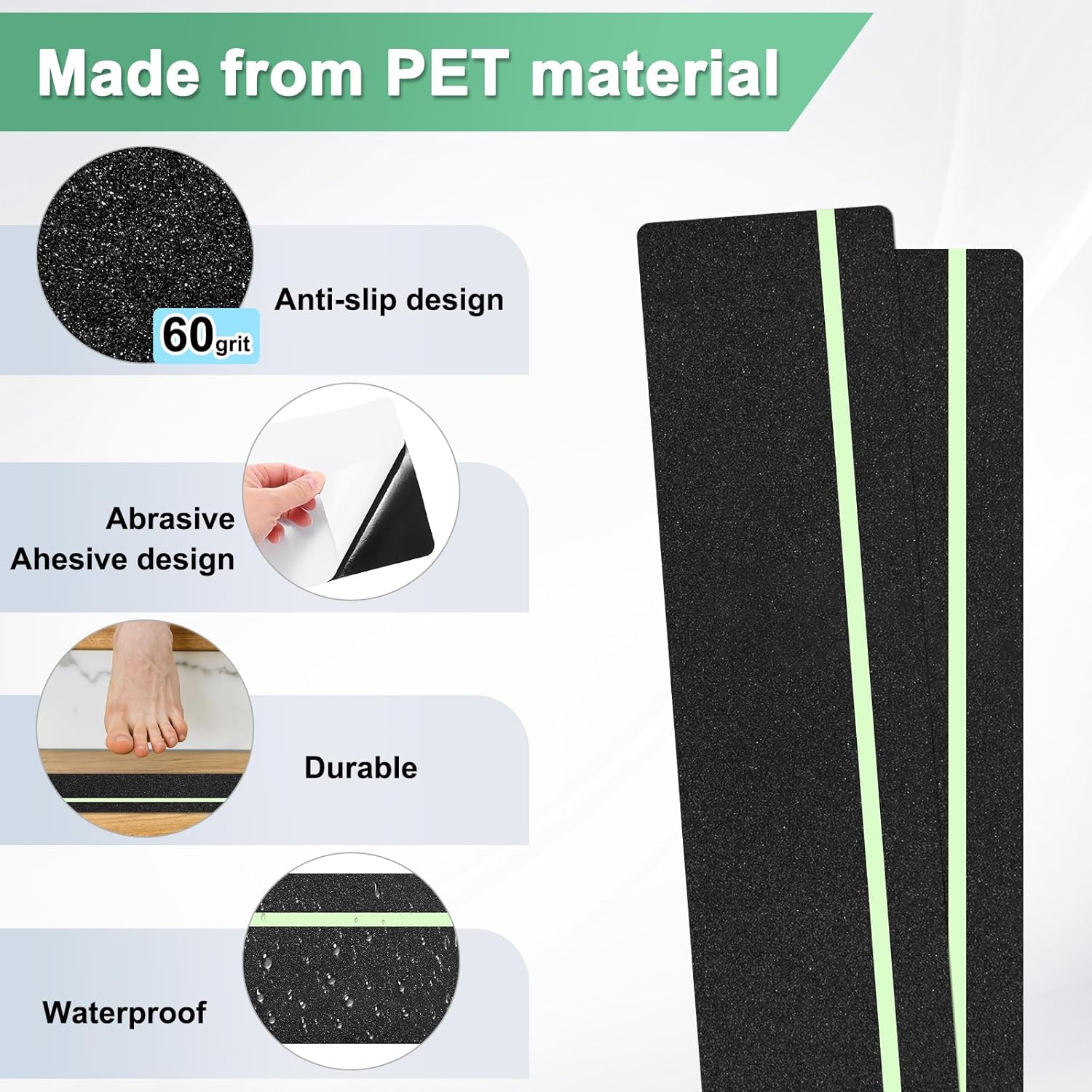 5-Pack Anti Slip Traction Tape 24" x 6" Best Grip Tape Grit with 12mm/0.47" Glow in Dark Stripe High Traction Friction Abrasive Adhesive for Indoor/Outdoor Stairs[Black+Green]
