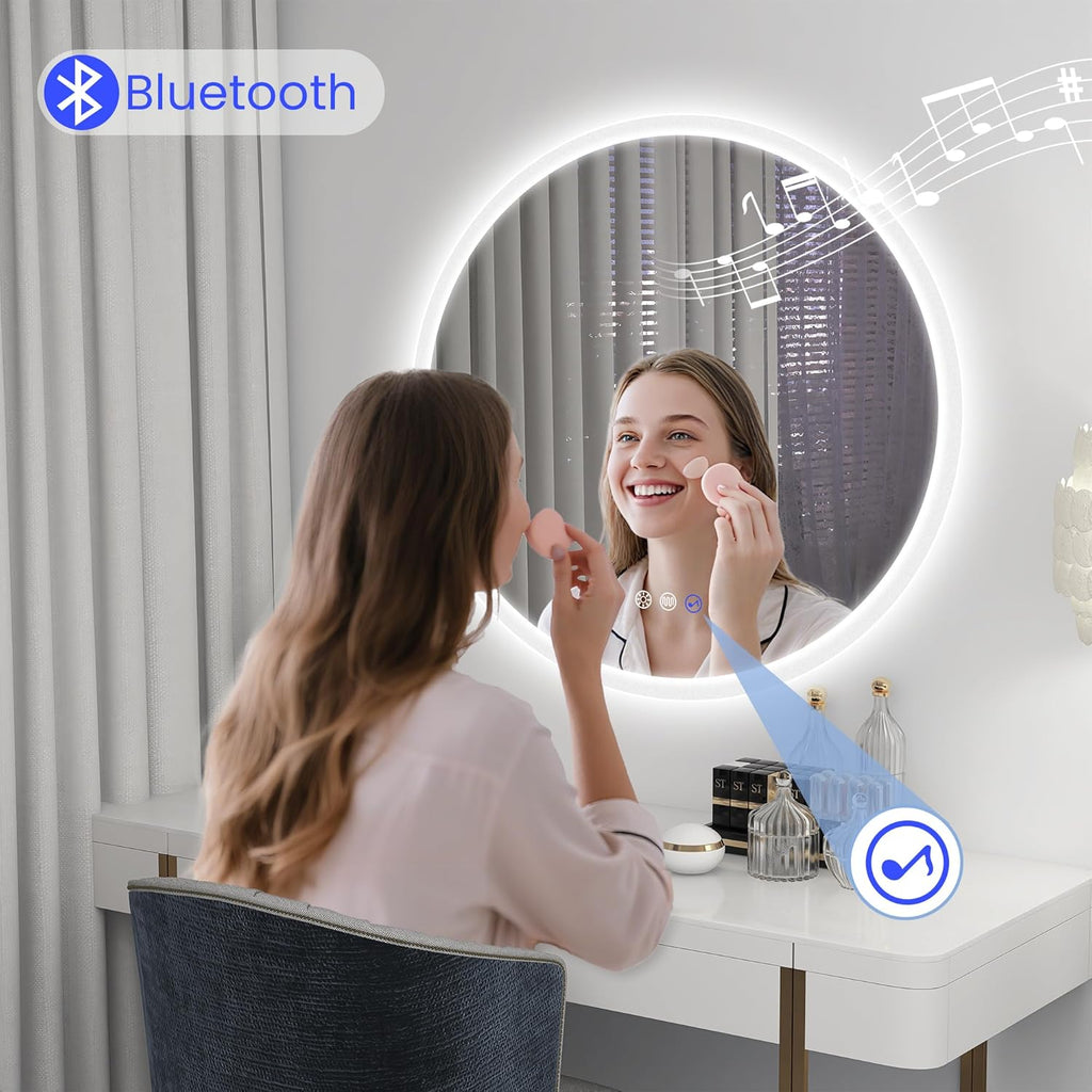 STARLEAD 36" LED-Bathroom-Mirror-with-Lights, Wall-Mounted with Bluetooth Speaker, Anti-Fog, 3 Color Temperature, Dimmable Brightness, Waterproof, Tempered Glass, Frontlit & Backlit, Round