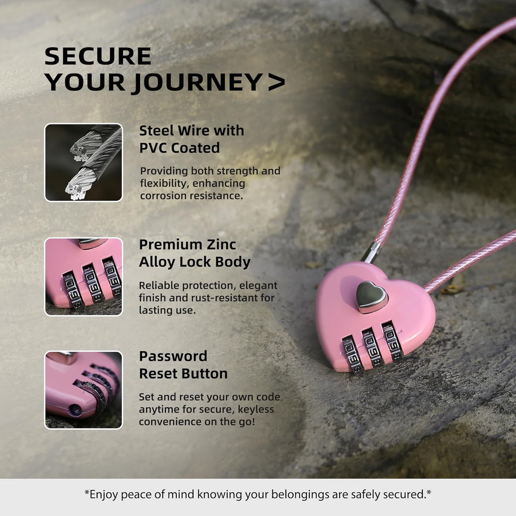 Small Cable Lock with Combination, Combo Lock with Code, Pink Cable Padlock for Luggage, Cabinet, Closet, French Fridge Door, Stroller, Bike Helmet, Pet Cage, Pool Gate, Outdoor Fence