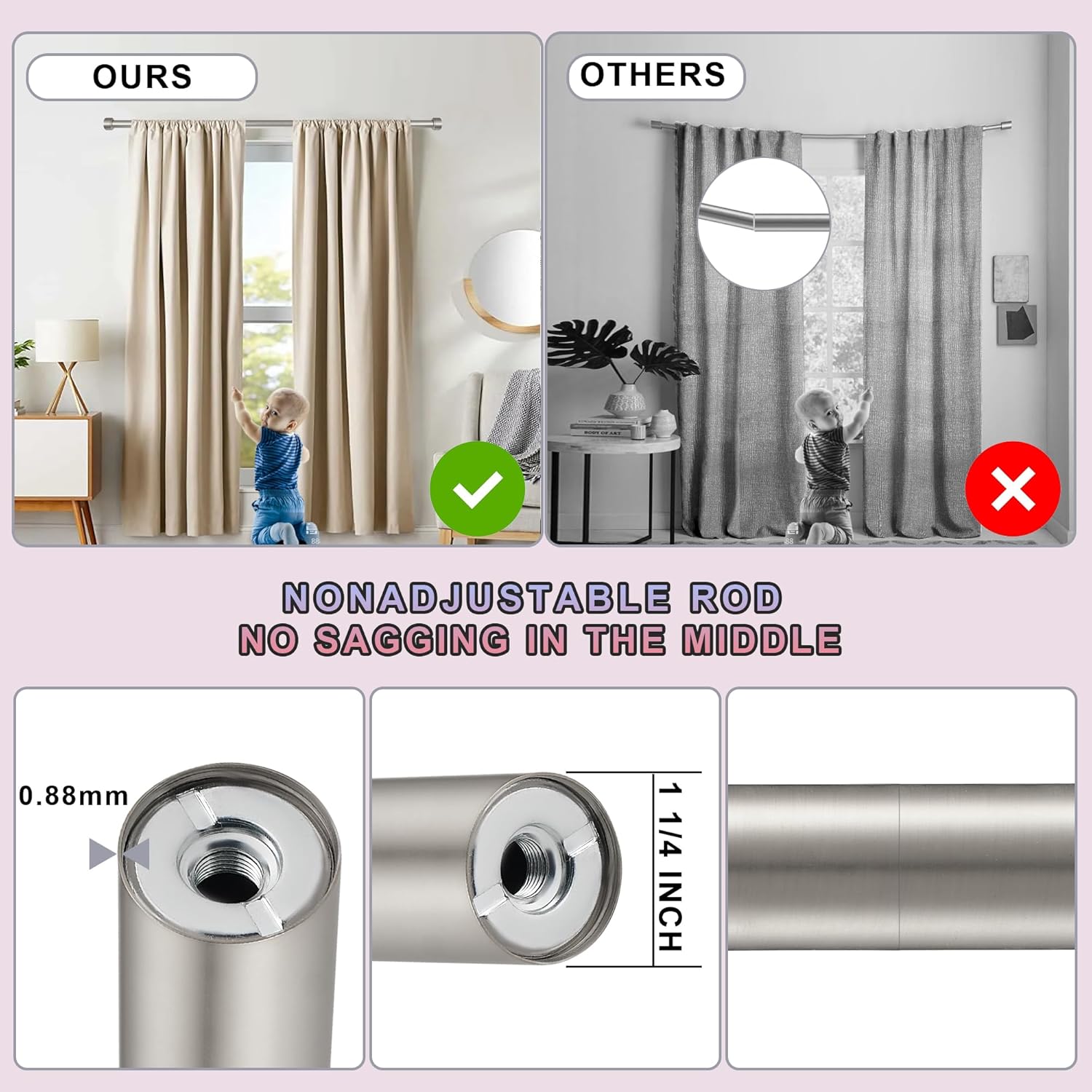 Heavy Duty Curtain Rods,1 1/4" Large Diameter Premium Nonadjustable Curtain Rod,144in/12ft Custom Window Treatment Rods with Durable Aluminum Brackets and End Caps,Brushed Nickel Finish