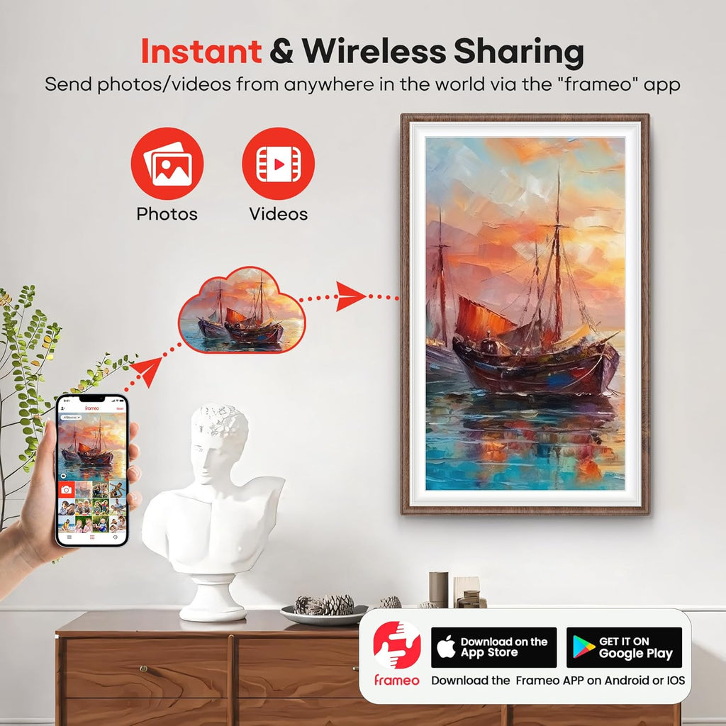 64GB Frameo 15.6" Digital Picture Frame Large 1920 x 1080 IPS FHD Touch Screen WiFi Electronic Photo Frames Share Moments Instantly Anywhere Best Gifts for Parents and Grandparents Brown Wood White
