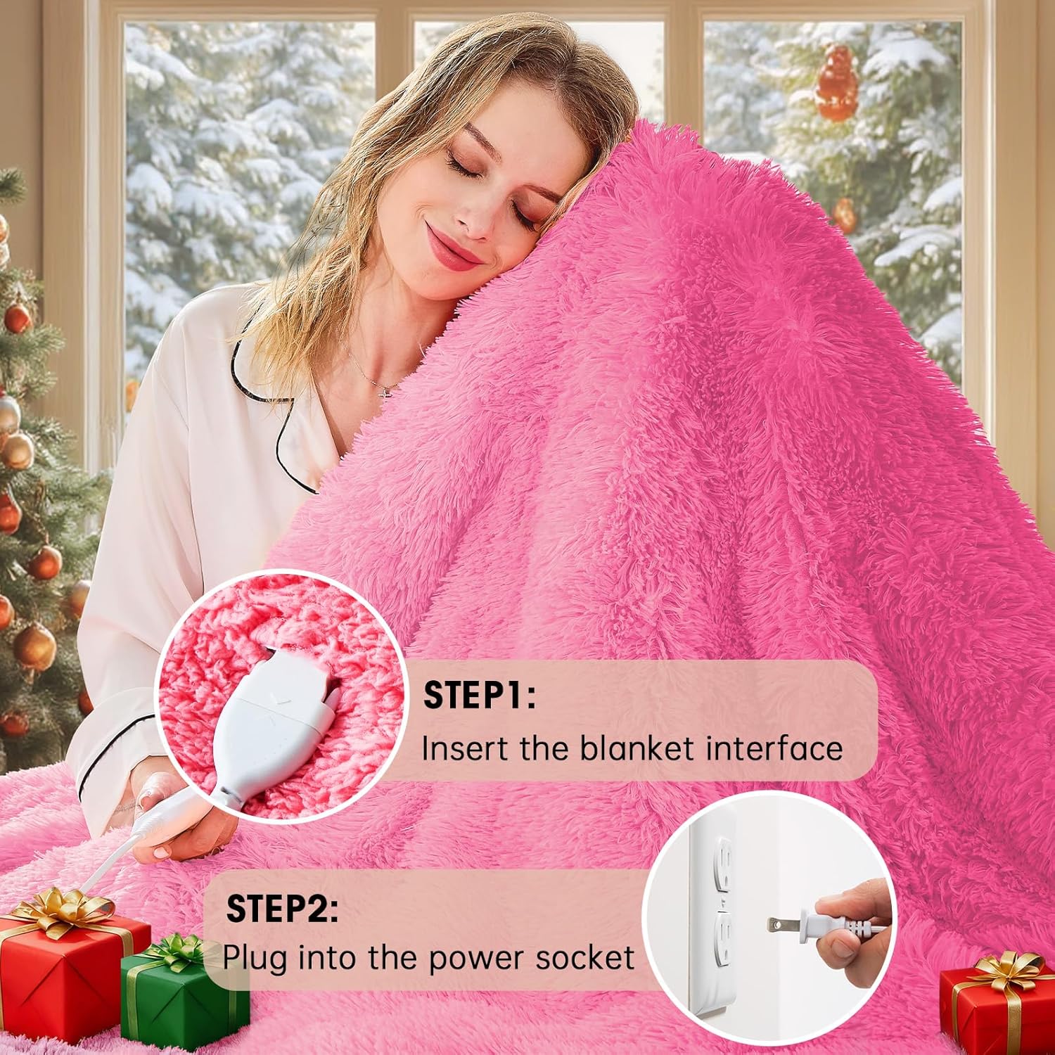 Heated Electric Blanket Twin,Warm Winter Birthday Gifts for Women Her Grandma–Faux Fur with Soft Sherpa,10 Heat Settings,5 Time Settings with Fast Heating, 62x84, Rose Red