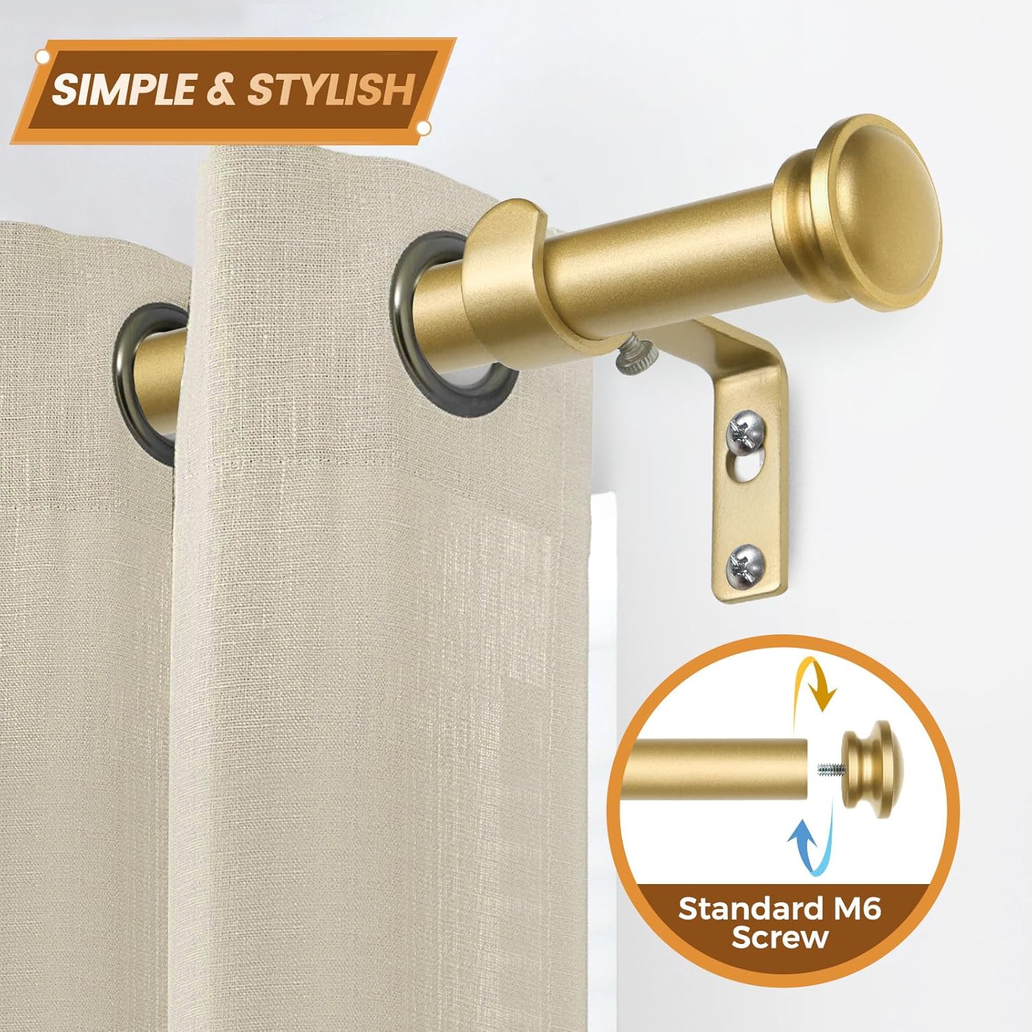 TONIAL Curtain Rod 32 to 58 Inch, Telescoping Splicing 3/4 Drapery Rods for Windows Decorative Single Rod with Small Cap End, Antique Gold
