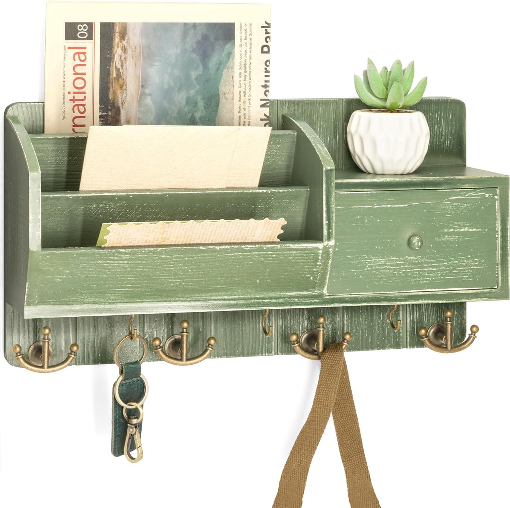 Rebee Vision Farmhouse Key Holder Wall Mount with Mail Sorter - Stylish Mail Organizer with Key Hooks and Drawer Organizer for Home Decor - Rustic Apartment Essentials for Home Improvement (Green)