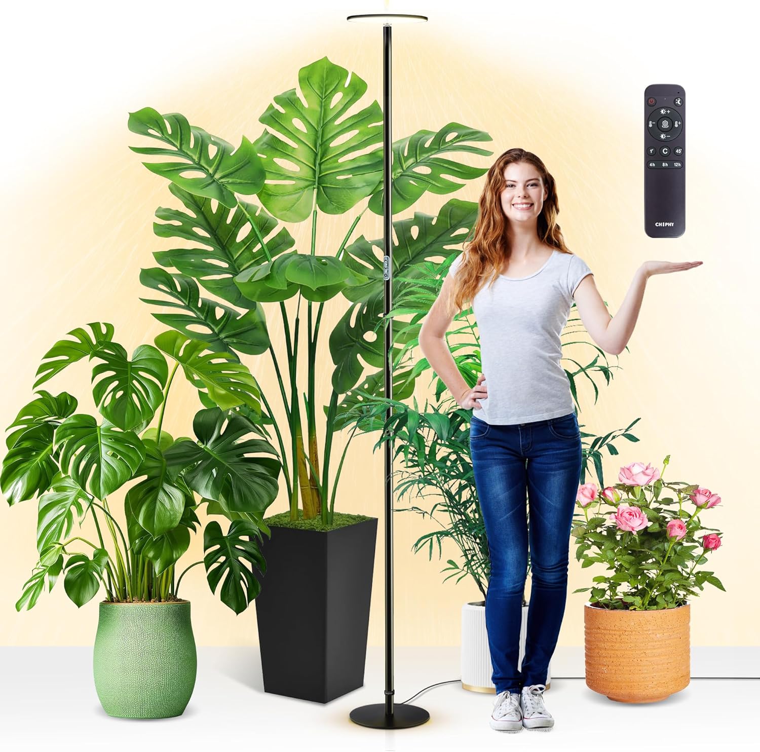 chiphy Grow Lights, 85" Full Spectrum Plant Light for Indoor Plants, 4/8/12H Timer, 40W Grow Lamp, 10 Dimmable Brightness, Height Adjustable, Ideal for Large Tall Plants