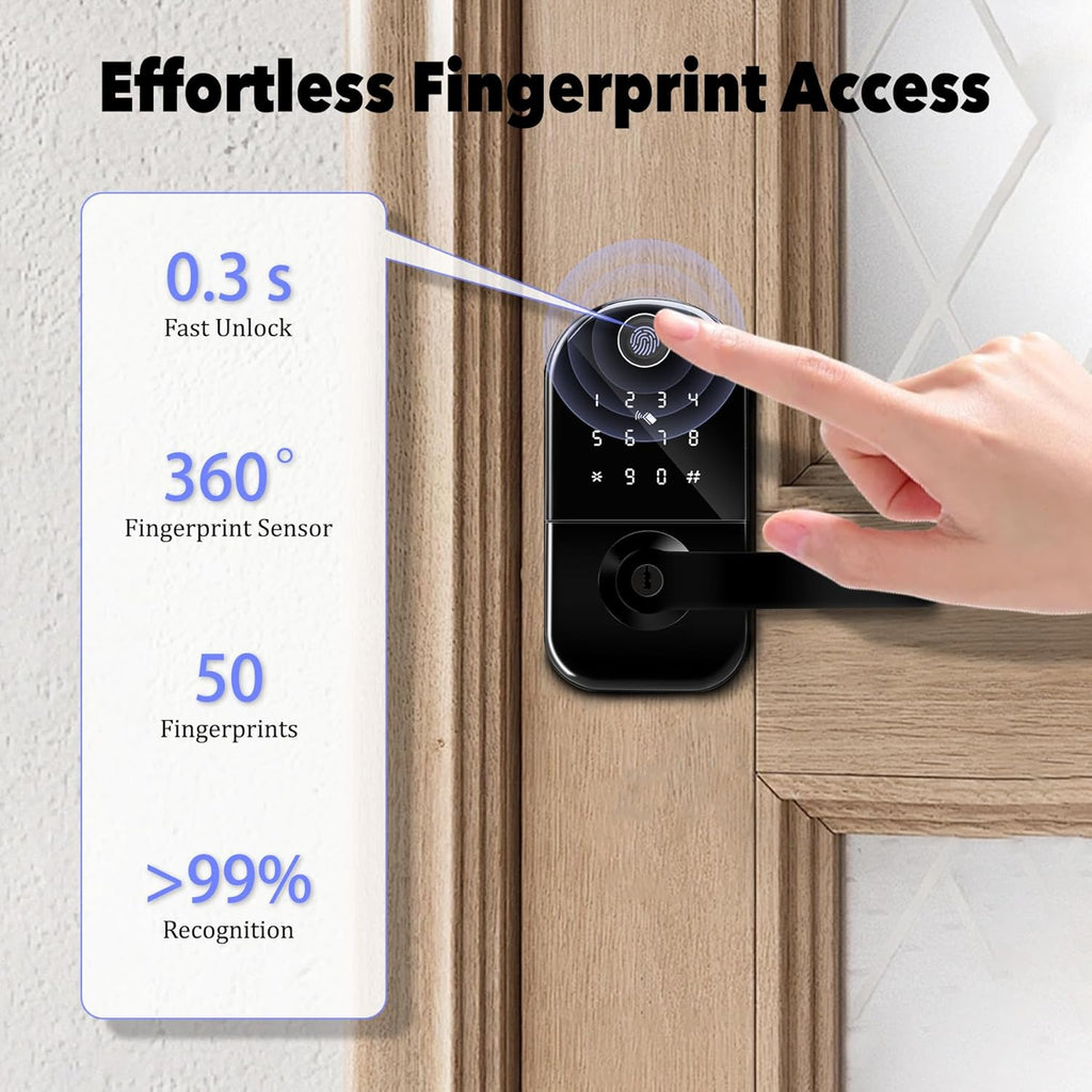 Fingerprint Smart Door Lock with Handle, Keyless Entry Door Knob with Digital Keypad, Electric Deadbolt Remote App Access & Doorbell, Digital Lock for Home, Office Matte Black