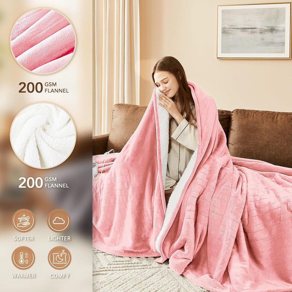 Homemate Electric Heated Blanket Full - 72"x84" Heating Bed Blankets Throw with 10 Heating Levels 8 Hours Auto Off Fast Heating Over-Heated Protection Ultra Soft Warm Flannel ETL Certified Pink