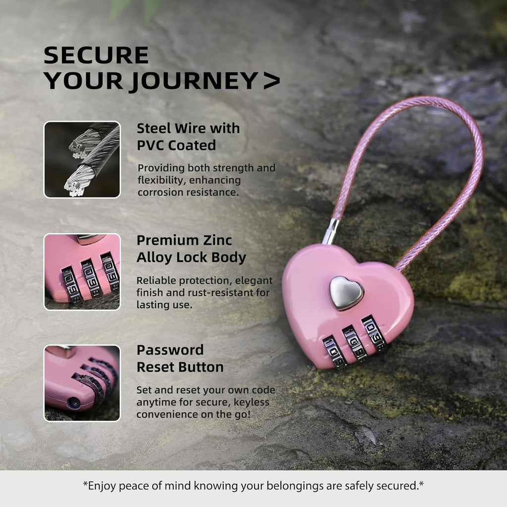 Small Combination Lock for Locker, Cable Lock with Code, Pink Padlock Combination, for Luggage, Suitcase, Gym Locker, Backpack Zipper, Cabinet, Box, Fence Gate, Travel Safe, Outdoor Use