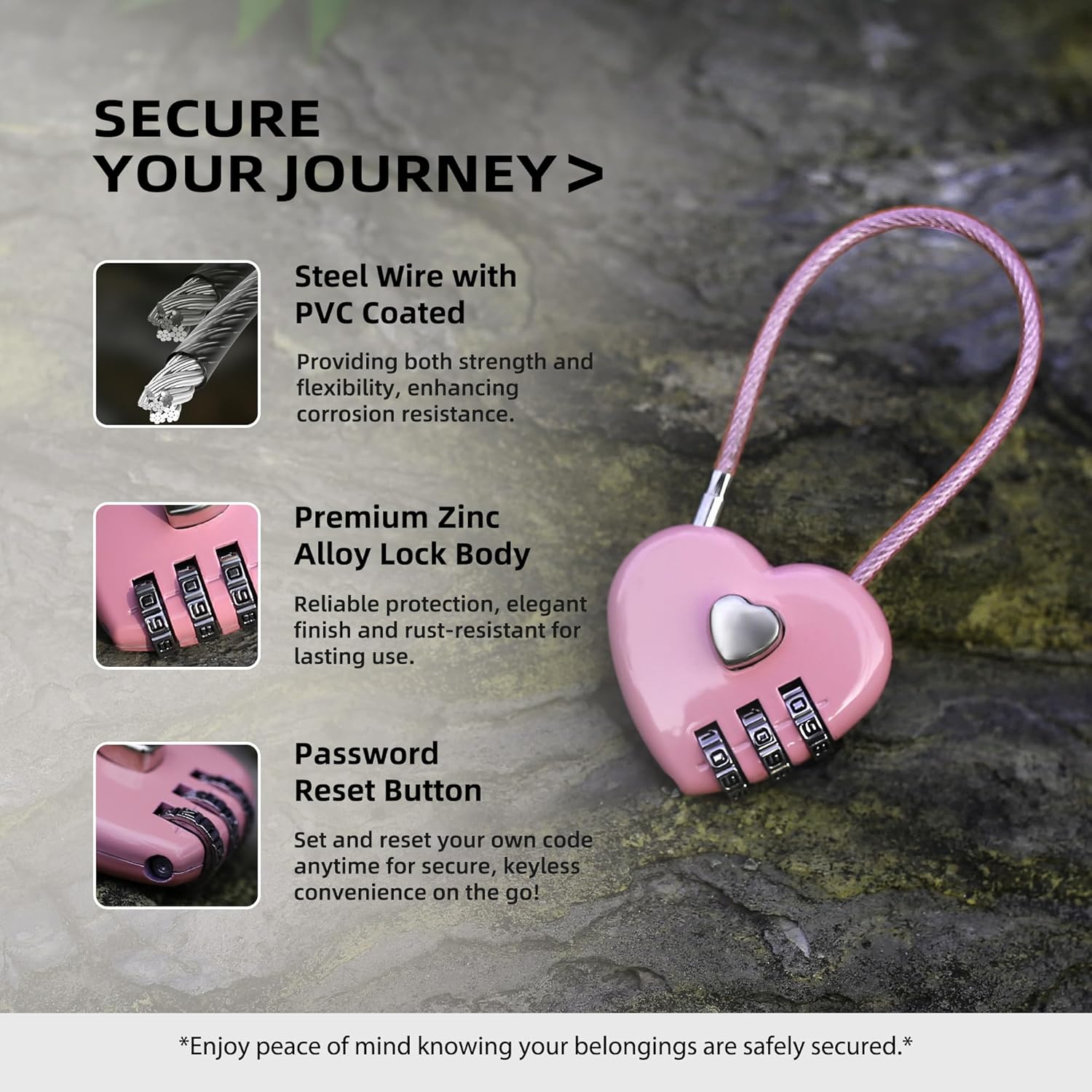Small Combination Lock for Locker, Cable Lock with Code, Pink Padlock Combination, for Luggage, Suitcase, Gym Locker, Backpack Zipper, Cabinet, Box, Fence Gate, Travel Safe, Outdoor Use
