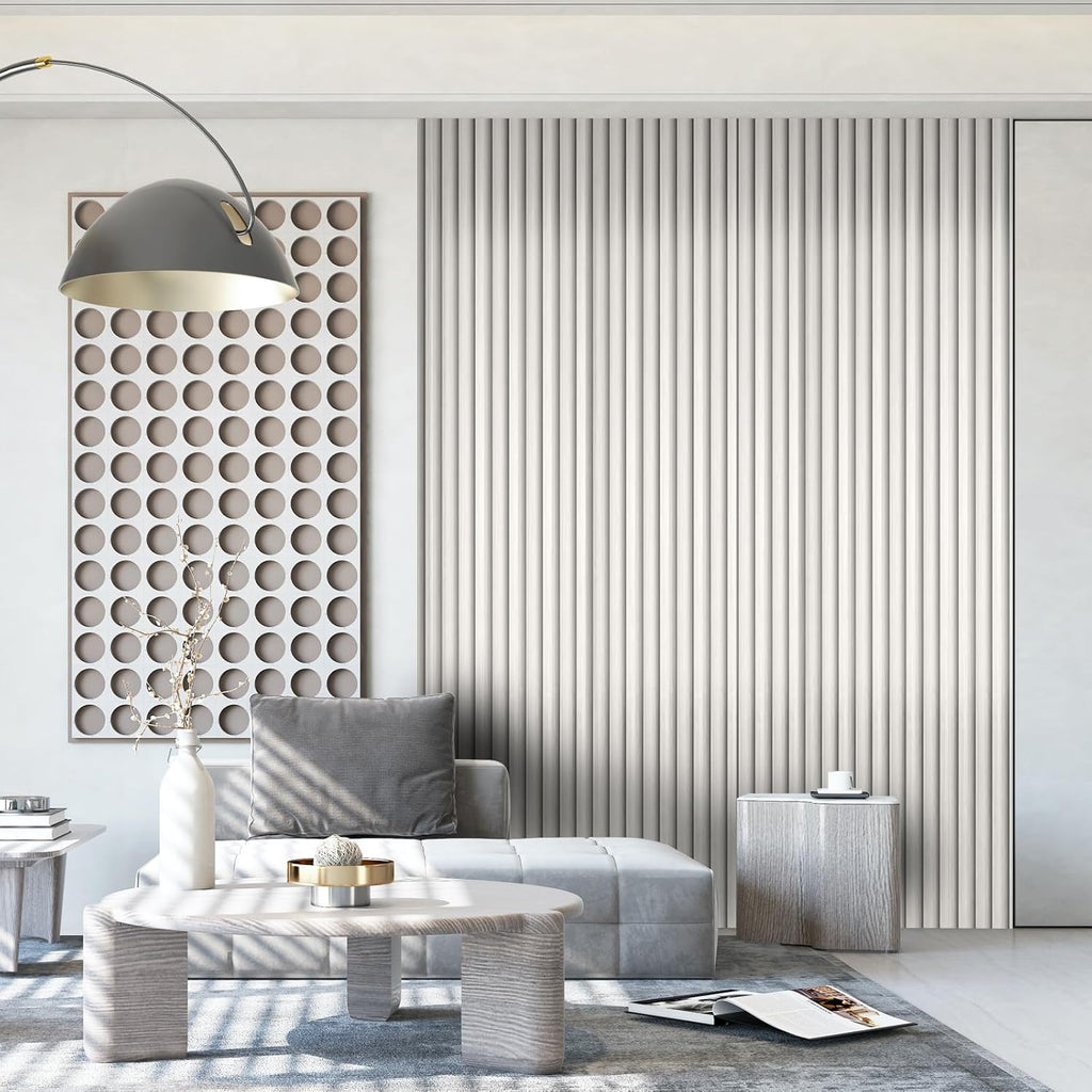 OUZUGIE WPC Acoustic Slat Wall Paneling, 8-Pack 114 x 6 Inches 3D Wall Panels for Interior Wall Decor,Living Room,TV Background,Study Room,Office Spaces,Bedroom,Low Grille (Metallic Silver)