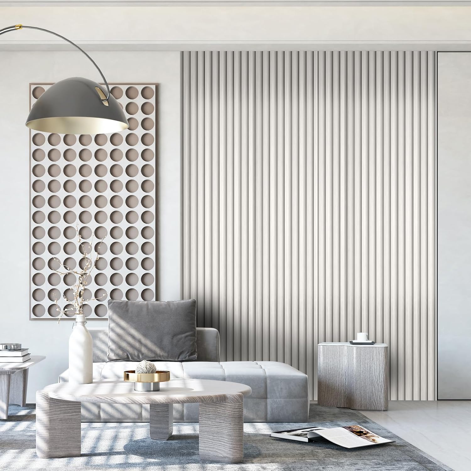 OUZUGIE WPC Acoustic Slat Wall Paneling, 8-Pack 114 x 6 Inches 3D Wall Panels for Interior Wall Decor,Living Room,TV Background,Study Room,Office Spaces,Bedroom,Low Grille (Metallic Silver)