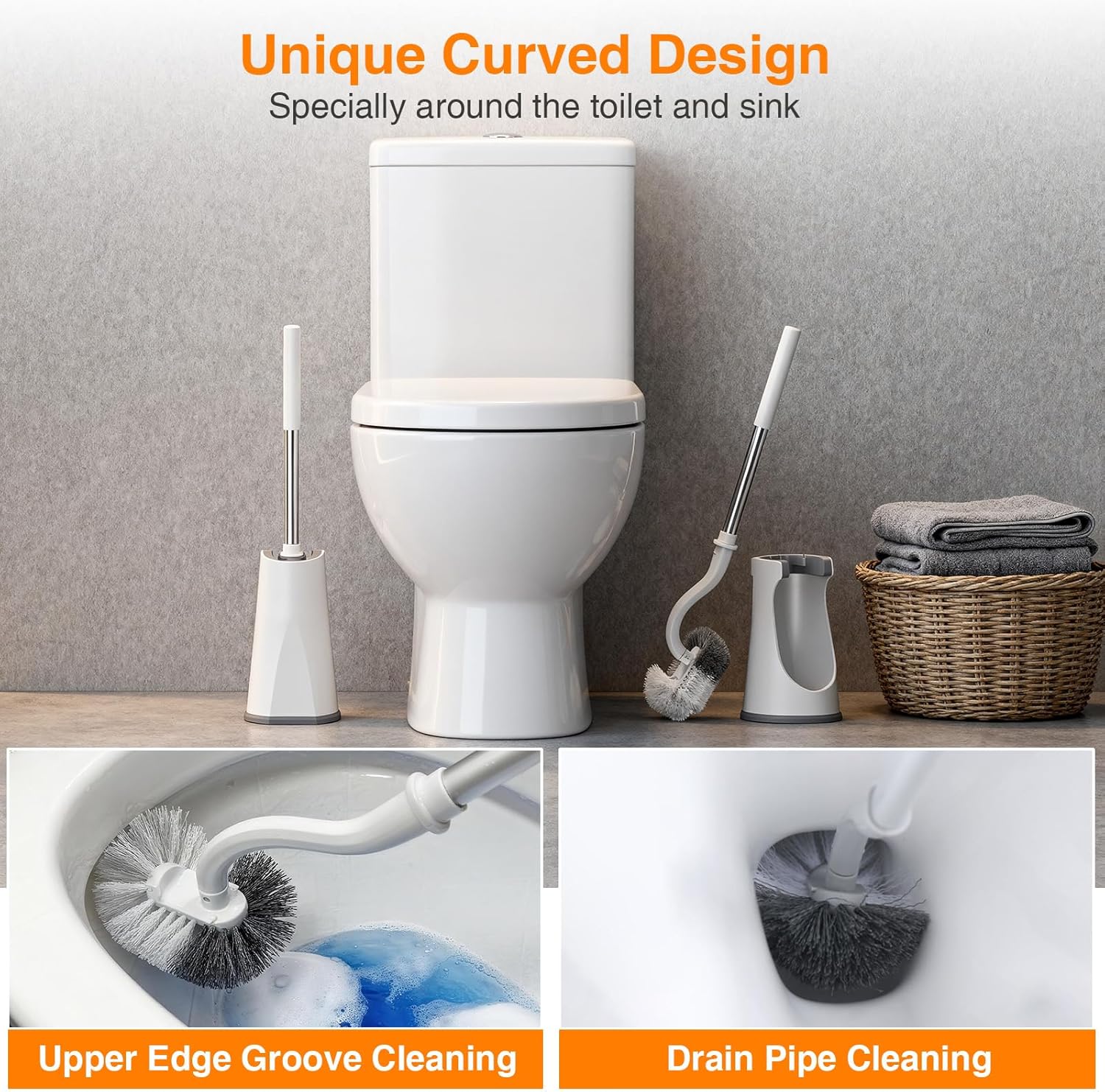 Lefree Toilet Brush and Holder Set, Bathroom Cleaner Brush Set, Curved Design, Non-Slip Handle Toilet Bowl Brush with Curved Bristle for Dead Corner Clean, RV Bathroom Accessories Toilet Scrubber