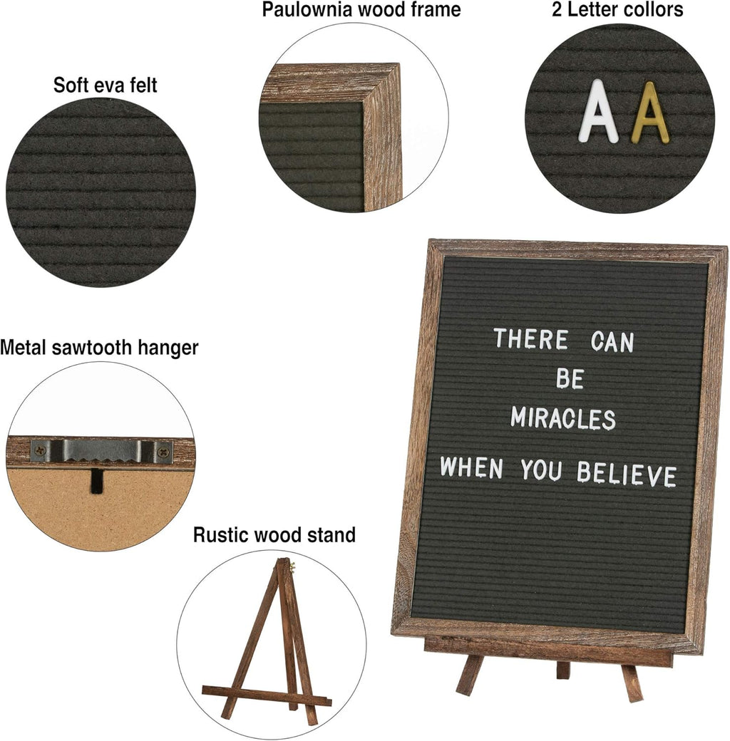 Felt Letter Board with Rustic Vintage Frame and Stand 12x16 inch,Grey Changeable Letter and Message Board Includes 792 Letters, Numbers and Symbols, Hook to Hang, 2 Canvas Bags