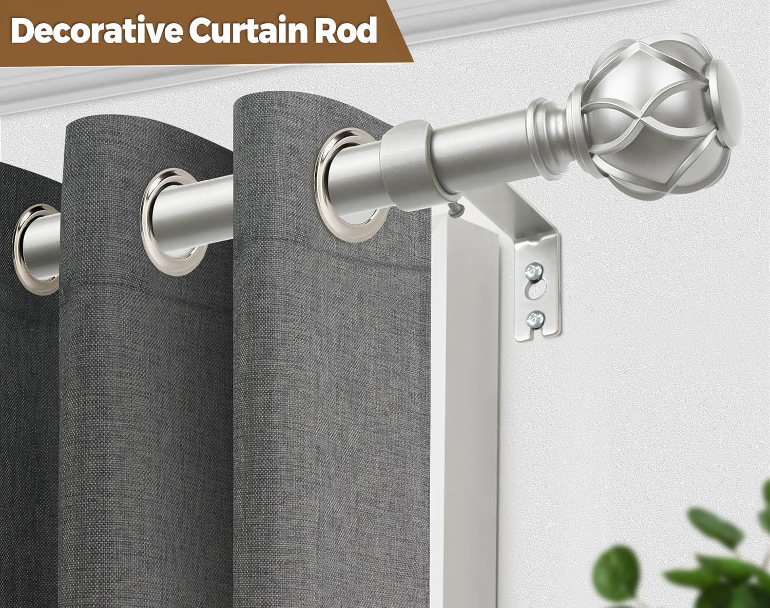 KAMANINA Curtain Rods for Windows, Antique Silver Curtain Rod 32 to 58 Inch(2.6-4.8Ft), 7/8 Inch Single Adjustable Drapery Rods with Decorative Netted Texture End
