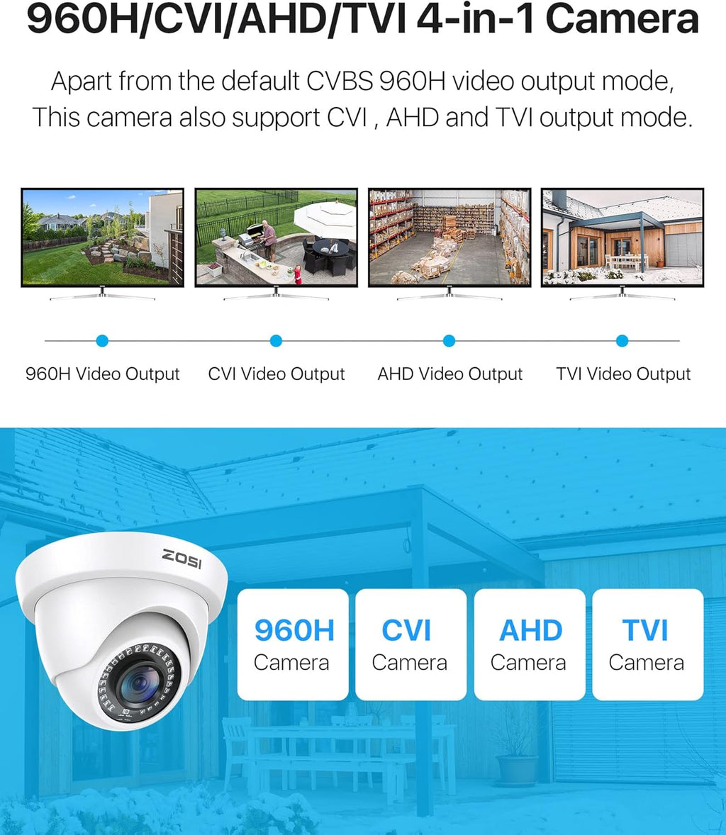 ZOSI 2MP HD Hybrid 4-in-1 Security Camera, 1080P 1920TVL Indoor Outdoor CCTV Dome Camera, 80ft Night Vision, IP66 Weatherproof, Compatible with HD-TVI, AHD, CVI and CVBS/960H Analog DVR Systems