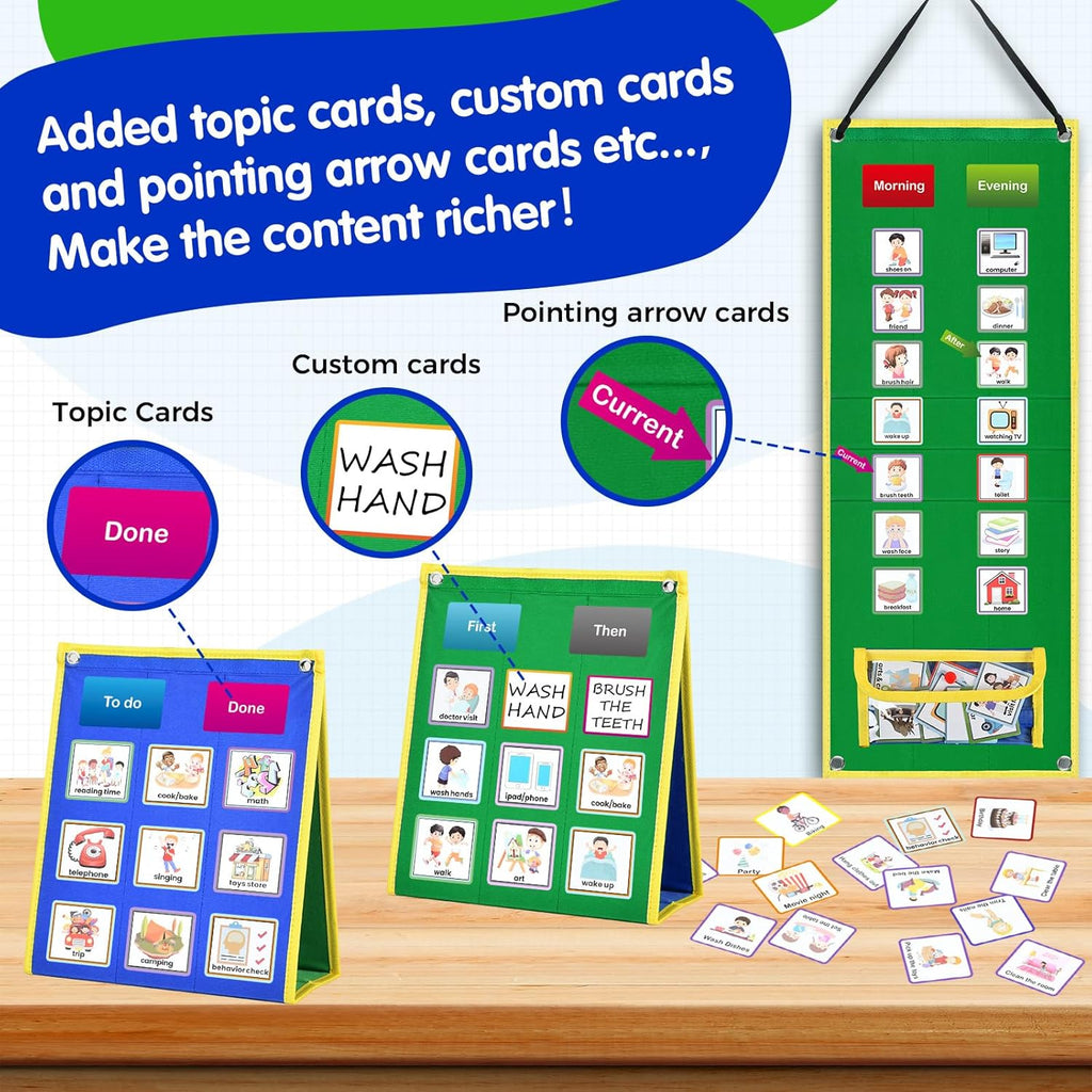 KIKIGOAL Kids Visual Schedule Calendar Chart, Double Side Autism Daily Chore Routine Chart with 113 Cards Autism Learning Materials Kids Visual Behavioral Tool Wall Planner for Home School