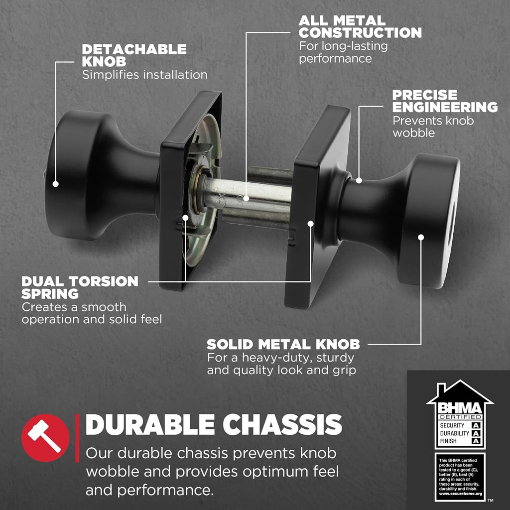 Kwikset Pismo Entry Door Knob with Lock and Key, Secure Keyed Handle Exterior, Front Entrance and Bedroom, Matte Black, 4 Pack, Pick Resistant SmartKey Rekey Security and Microban